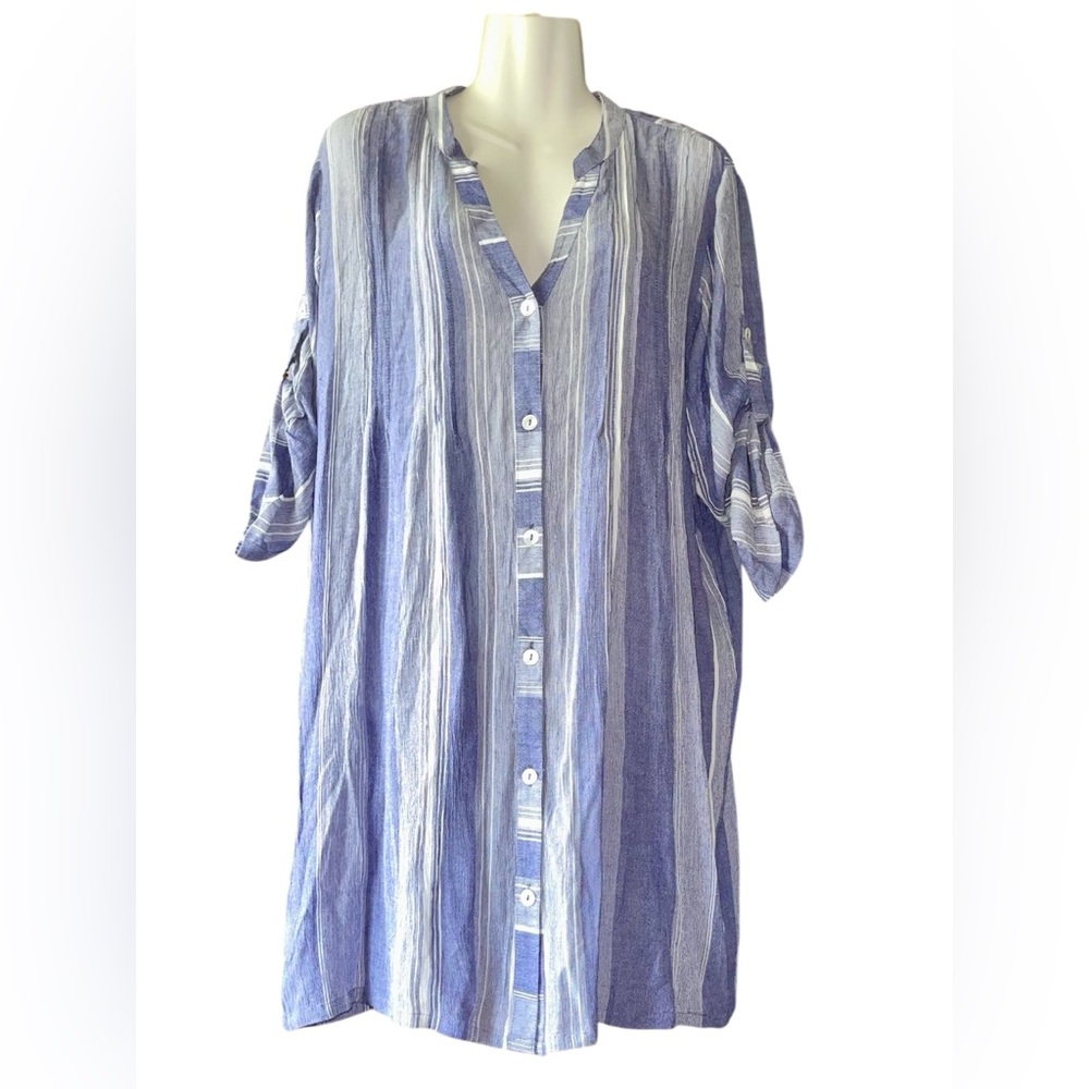 CLUB Z COLLECTION  BEACH Blue and White Striped Button-Up Shirt Dress